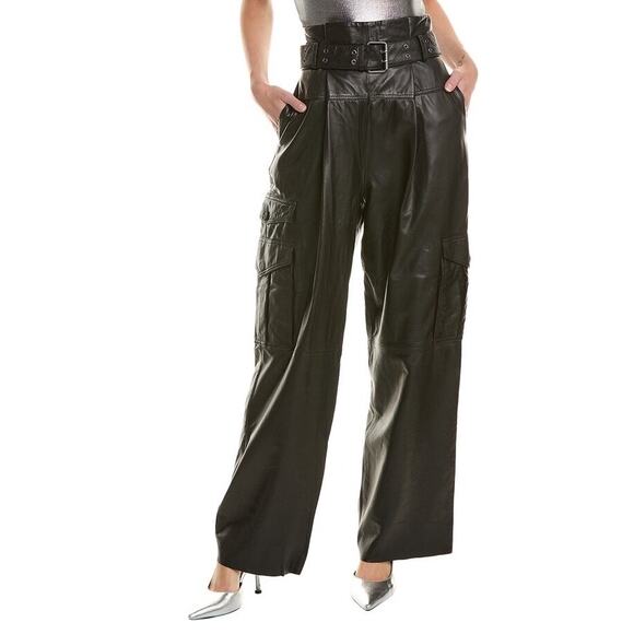 AllSaints Harlyn Black Sheep Leather Belted High Rise Pleated Trousers US Size 8 - Picture 1 of 16